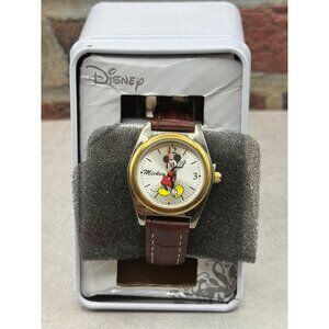 Disney Mickey Mouse Womens Watch Brown Strap & Gold-Tone Case In Collector Tin
